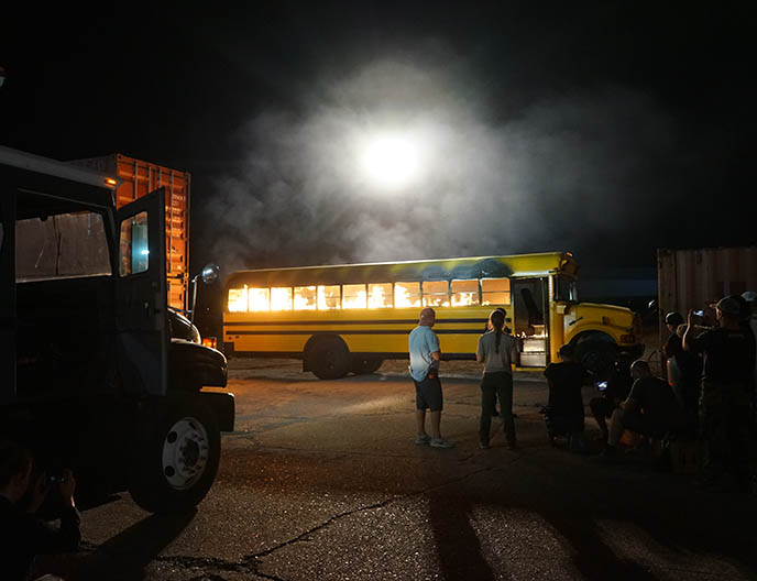 setting bus on fire, lighting bus stunt