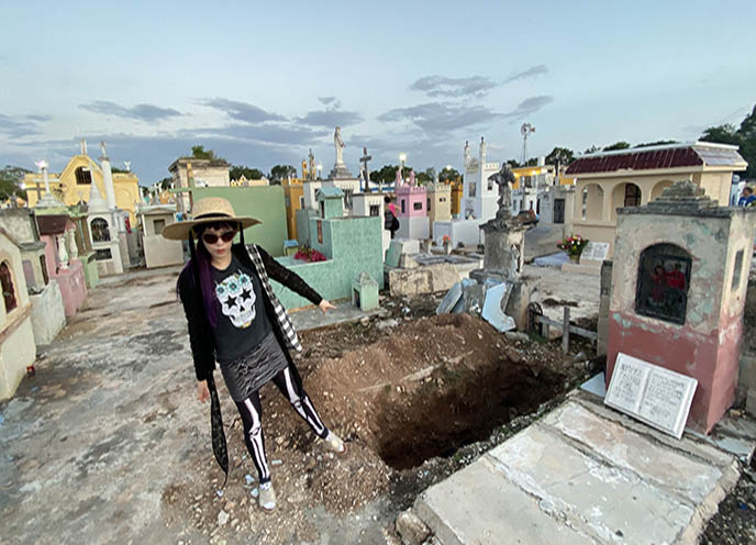 one foot in grave, fall open dug grave cemetery