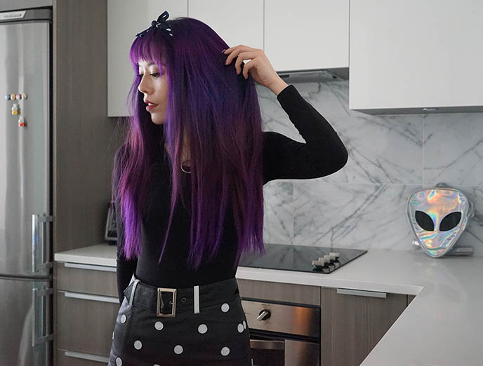 very long purple hair, healthy long dyed hair color