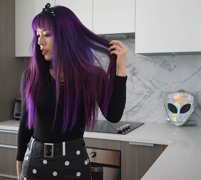 holographic alien purse, long dark purple hair asian