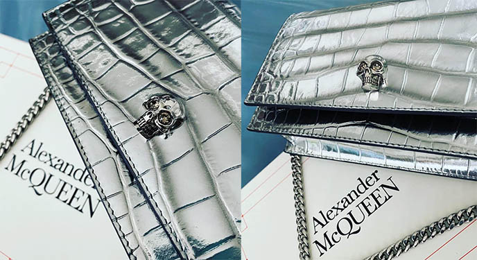 alexander mcqueen silver croc mini bag, skull clutch purse