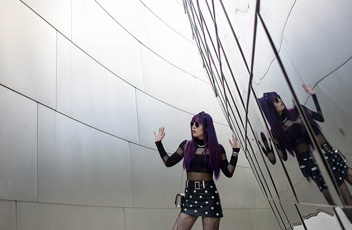 downtown la disney music hall curving metal reflective walls outfit photos