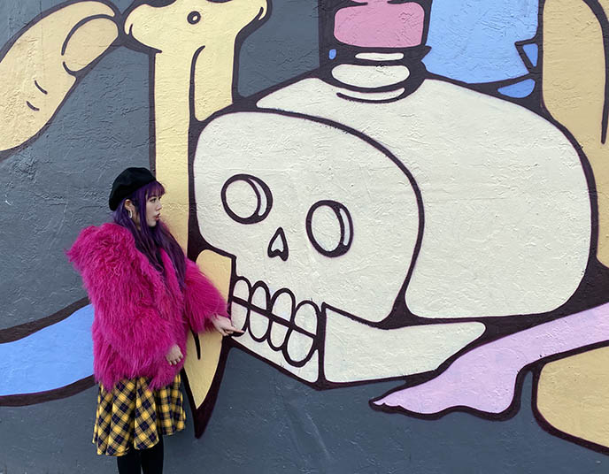 skull mural painting portland, pink mongolian wool fur coat