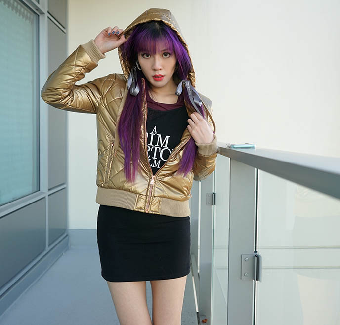 gold bomber puffer jacket, metallic goth fitness fashion