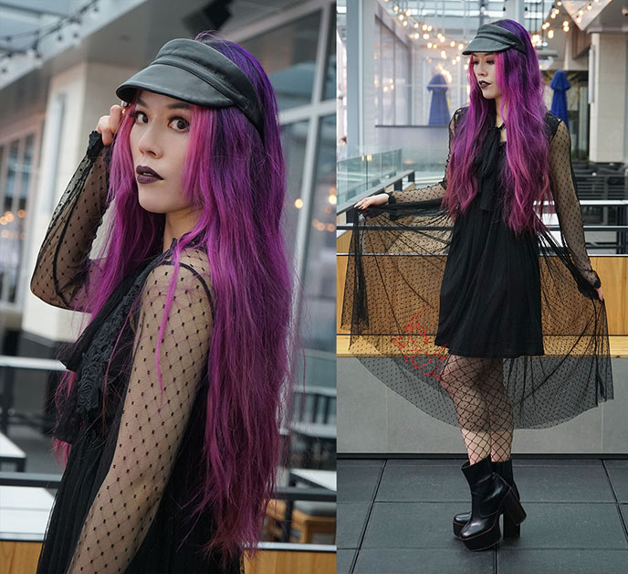 black leather visor cap, apiologist goth sheer dress