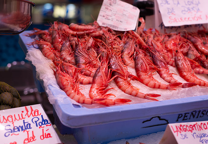 denia red prawns, valencia market seafood gambas rojas