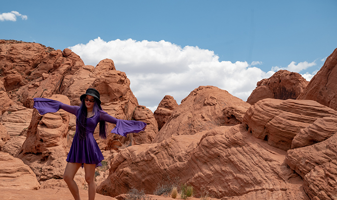 valley of fire fashion shoot model blackmilk spectre purple dress