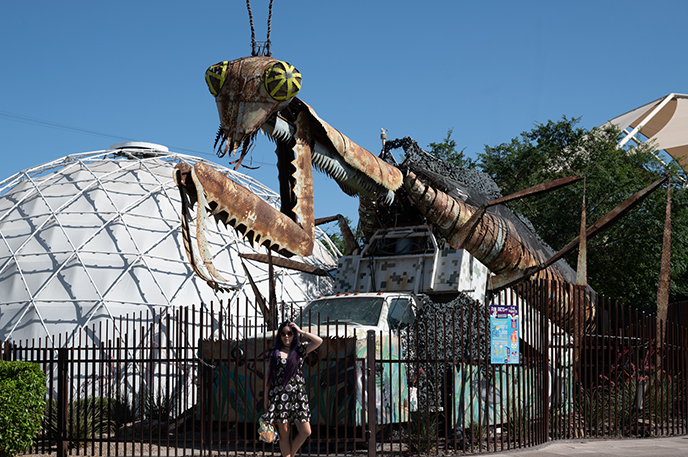 praying mantis statue container park las vegas sculpture bug