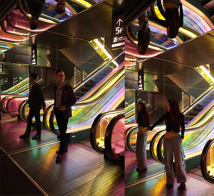 grand hammer tokyo entertainment complex restaurants rainbow escalator lights synthwave shimbashi