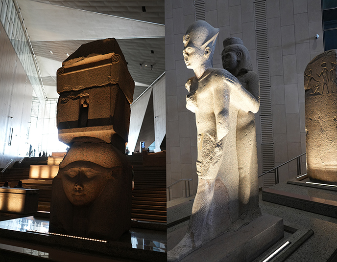 big hathor head statue grand egyptian museum staircase