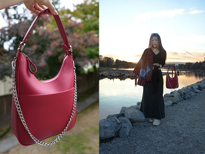 red lucrin leather hobo bag crescent shape purse