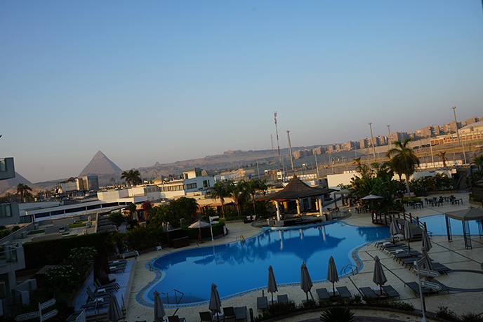 pyramids at night hotel looking over giza plateau patio